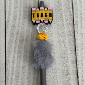 Teach Top Pen with Gray Faux Fur Pom